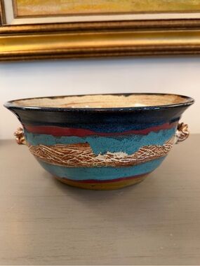 Artisan Studio Pottery Bowl Handles Blue Brown Tan Signed Muddy Hands 2007